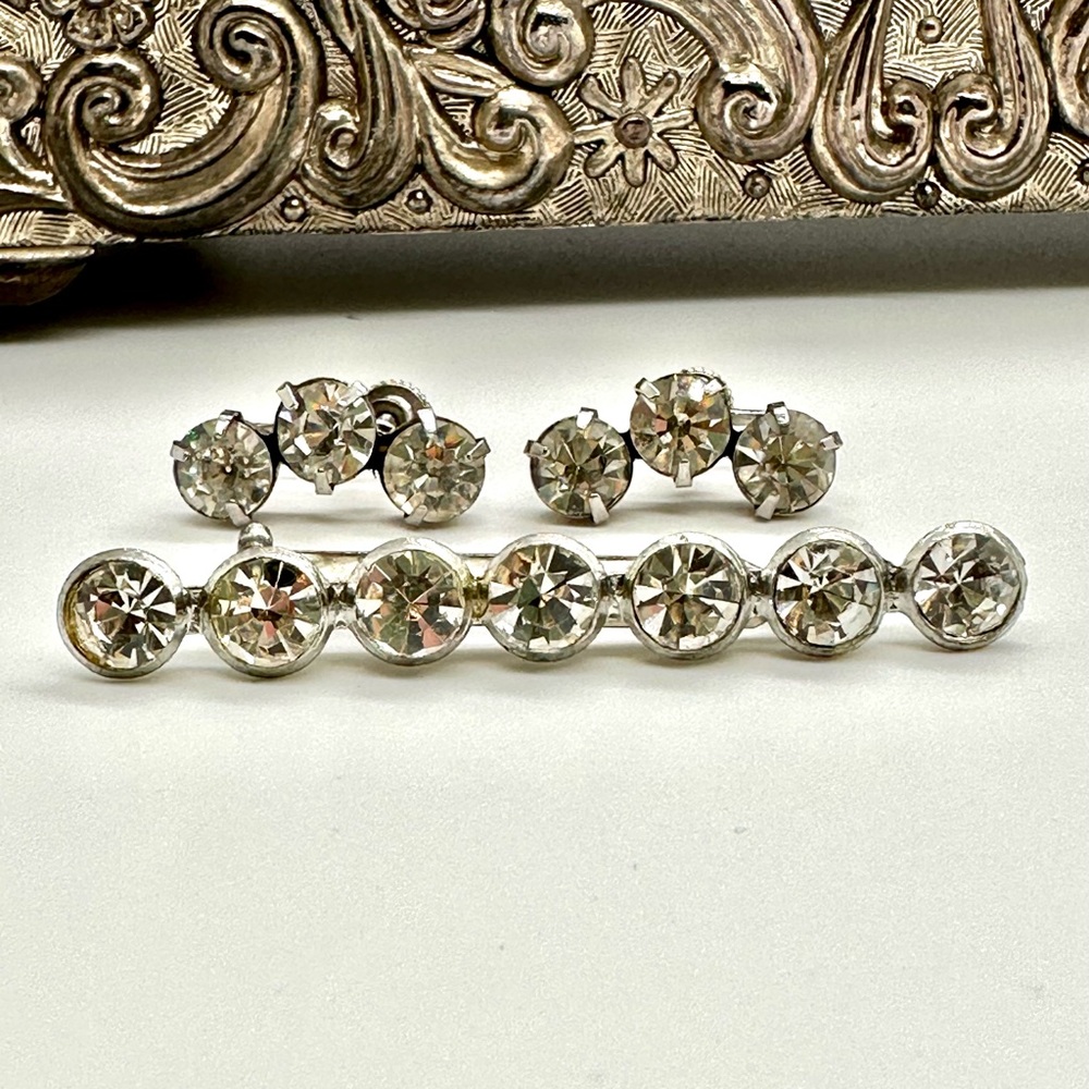Vintage Deco Rhinestone Brooch & Earrings